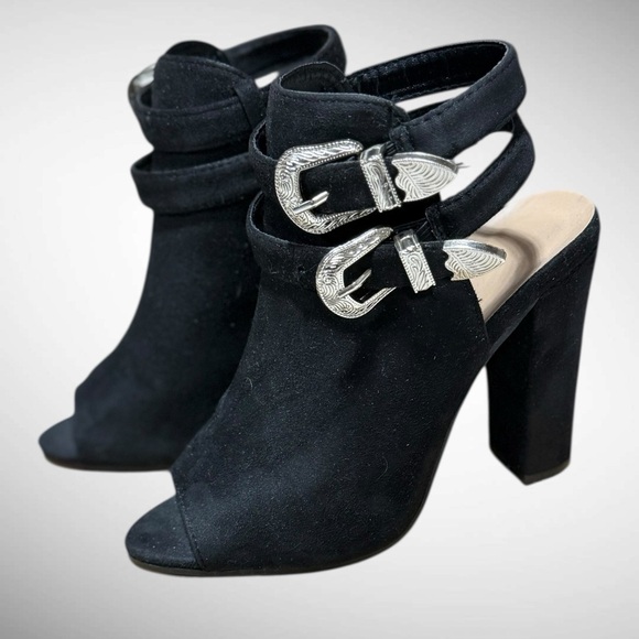 Shoes - Black Faux Suede Peep Toe Block Heel Boots with buckle detailing Size 6